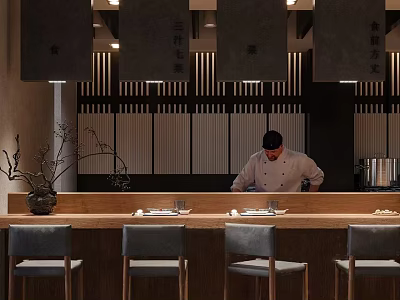 Traditional Japanese Restaurant Featuring Chef At Wooden Counter With Gray Chairs And Decorative Screens 3d model