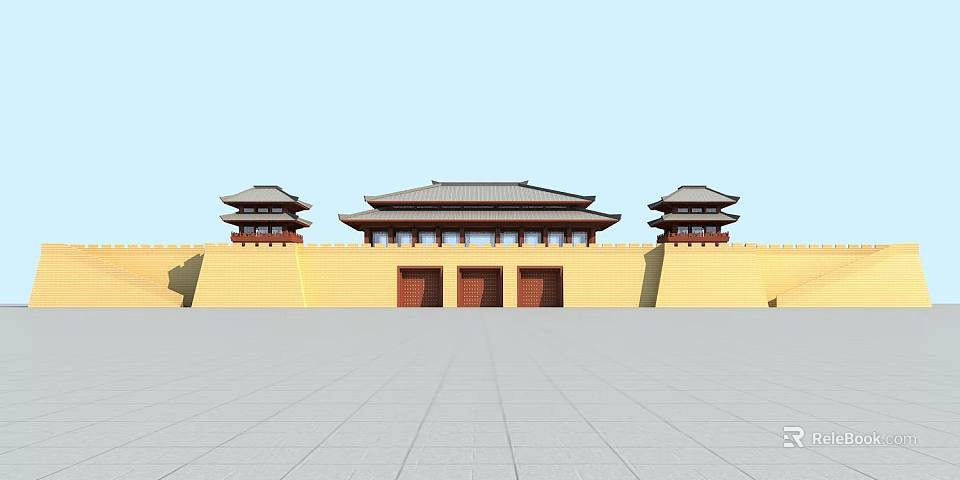 Ancient Chinese Architecture With Yellow City Wall Symmetric Corner Towers And Three Gates 3d model 