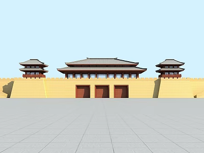 Ancient Chinese Architecture With Yellow City Wall Symmetric Corner Towers And Three Gates 3d model