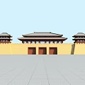 Ancient Chinese Architecture With Yellow City Wall Symmetric Corner Towers And Three Gates