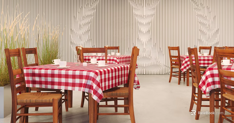 Dining Table With Red And White Checkered Tablecloth Wooden Chairs And Wood Grain Wall 3d model 