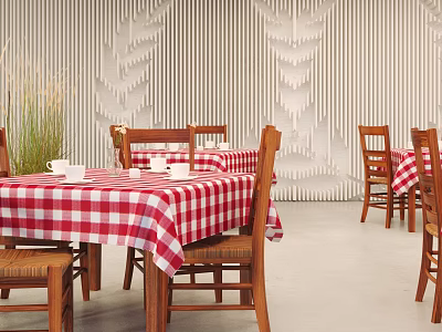Dining Table With Red And White Checkered Tablecloth Wooden Chairs And Wood Grain Wall 3d model