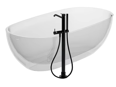 Modern Transparent Freestanding Bathtub With Black Faucet And Handheld Shower 3d model