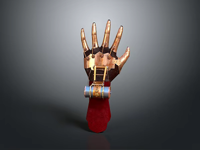 Golden Mechanical Hand With Metallic Wrist Structure And Red Base Decoration 3d model