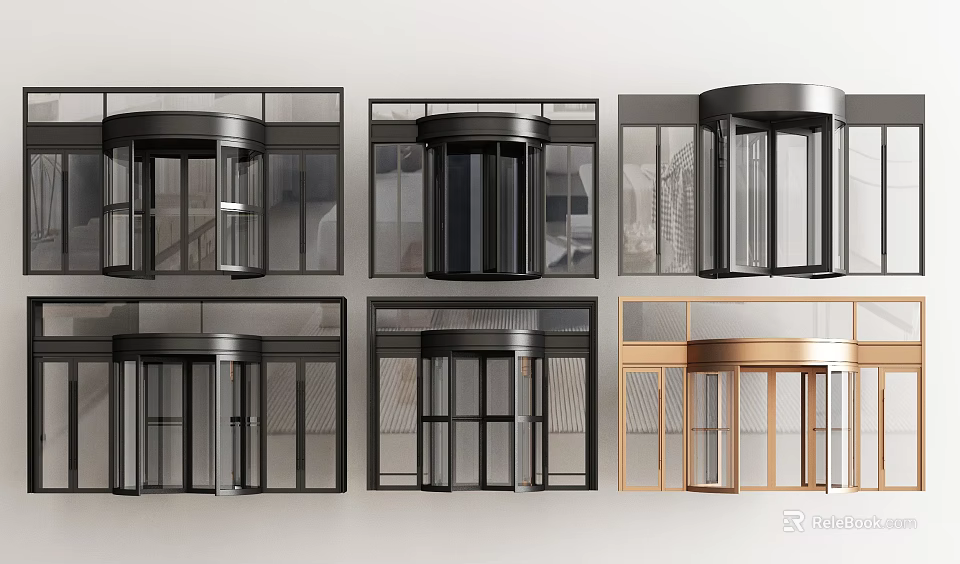 Modern Revolving Doors With Metal Frames Glass Panels And Black Gold Finishes 3d model 