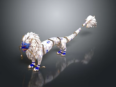 White Lion With Blue Face Gold Accents And Fan Shaped Tail Decorations 3d model