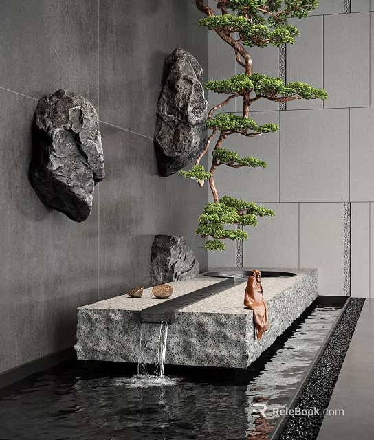 Modern Water Fountain with Hanging Rocks Potted Pine Tree Gray Wall Stone Platform and Water Flow 3d model 