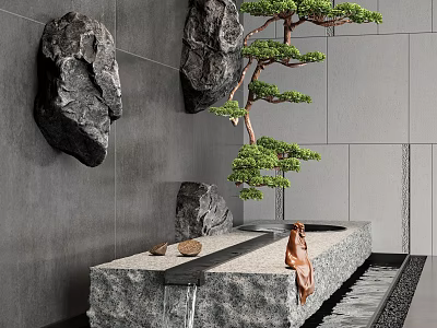 Modern Water Fountain with Hanging Rocks Potted Pine Tree Gray Wall Stone Platform and Water Flow 3d model