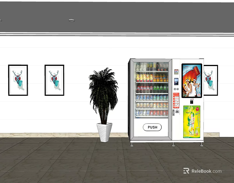 Commercial Vending Machine Stocked With Drinks Near Potted Plant And Paintings On Tile Floor 3d model 