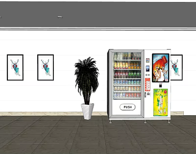 Commercial Vending Machine Stocked With Drinks Near Potted Plant And Paintings On Tile Floor 3d model