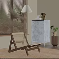 Cozy Woven Lounge Chair with Wooden Frame in Room with Blinds Dresser and Plant