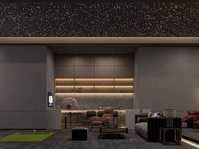 Modern Home Theater With Starry Ceiling Gray Walls LED Lighting Bar Counter Sofa And Rug 3d model