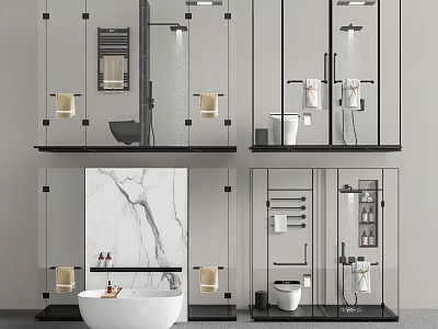 Modern Shower Sauna Bathroom Interior With Glass Enclosures Marble Walls And Towel Racks 3d model