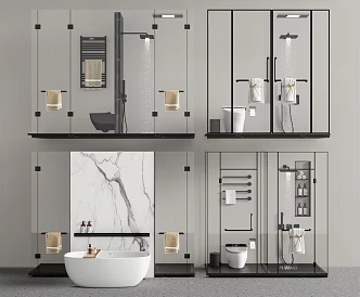 Modern shower room shower glass partition toilet bathtub towel rack glass door 3d model