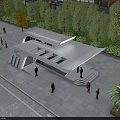 Modern Bus Stop With Curved Roof And Transparent Glass Structure Featuring Pedestrians And Trees