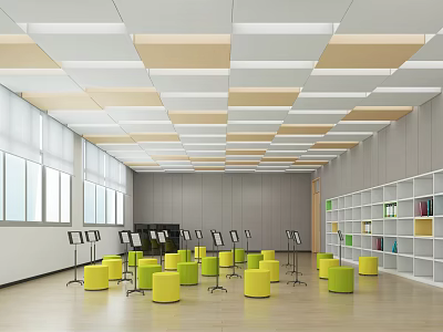 Book Art Room Featuring White Beige Square Ceiling Windows Colorful Books Round Stools Music Stands 3d model