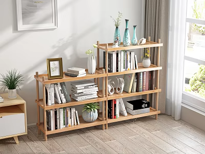 Wooden Bookshelf in Modern Living Room with Multiple Shelves Books Photo Frame and Potted Plants 3d model