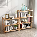 Wooden Bookshelf in Modern Living Room with Multiple Shelves Books Photo Frame and Potted Plants