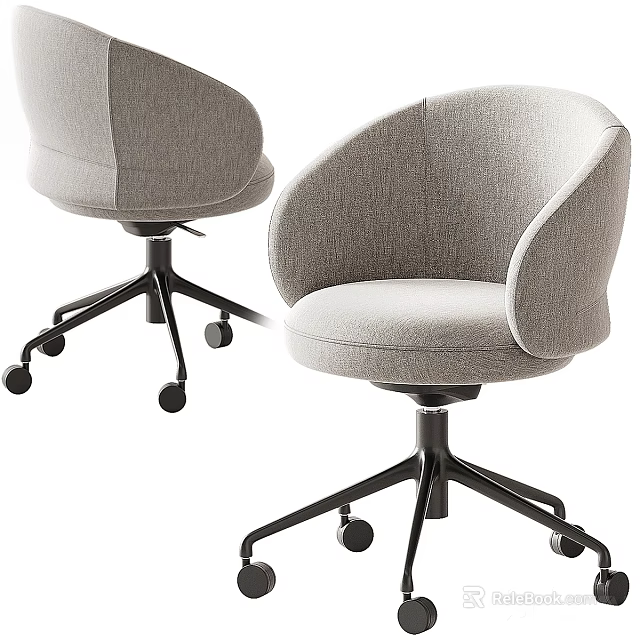 Gray Upholstered Office Chair with Curved Backrest and Black Five Star Base on Wheels 3d model 