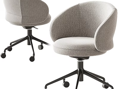 Gray Upholstered Office Chair with Curved Backrest and Black Five Star Base on Wheels 3d model