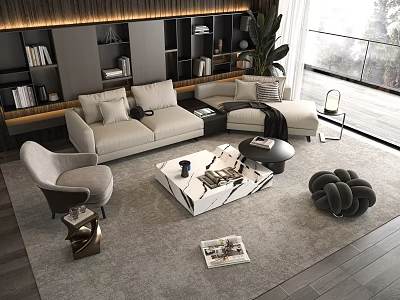 Modern Sofa And Marble Coffee Table Set With Accent Chair Area Rug And Potted Plant 3d model