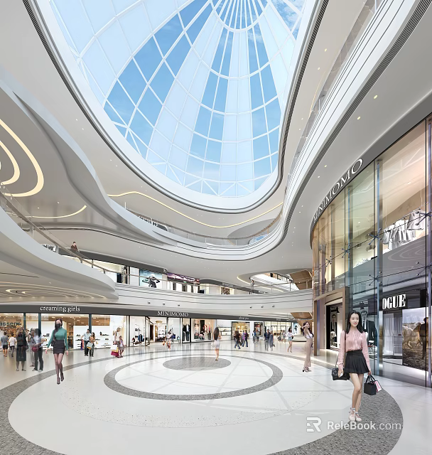 Modern Shopping Mall Atrium Featuring Glass Dome Multi Level Bright Interior with Shoppers and Modern Design 3d model 