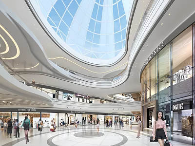 Modern Shopping Mall Atrium Featuring Glass Dome Multi Level Bright Interior with Shoppers and Modern Design 3d model