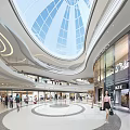 Modern Shopping Mall Atrium Featuring Glass Dome Multi Level Bright Interior with Shoppers and Modern Design