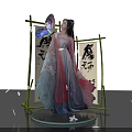 Traditional Tang Style Female Figure In Elegant Robe With Butterfly Calligraphy Scroll And Bamboo