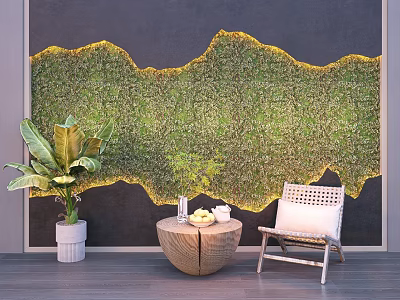 Modern Leisure Chair In Interior With Green Plant Wall Wooden Table And Potted Plant 3d model