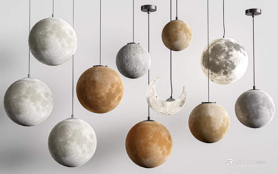 Moon Inspired Pendant Lights With Crescent And Planetary Shaped Design And Textured Surfaces 3d model 