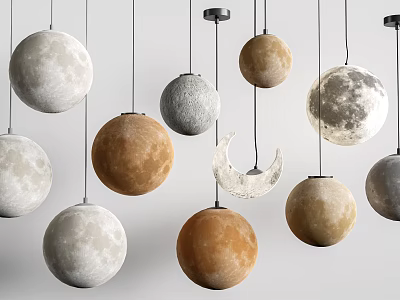 Moon Inspired Pendant Lights With Crescent And Planetary Shaped Design And Textured Surfaces 3d model
