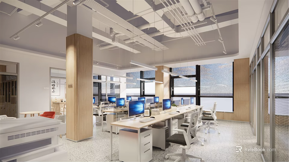 Modern Public Office Space Interior With Open Workstations Computers Office Chairs And Large Windows 3d model