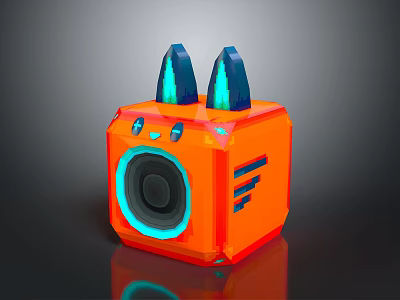 Cute Modern Orange Square Computer with Blue Ears Circular Speaker and Blue Lights 3d model