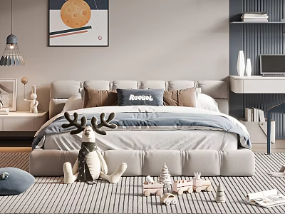 Cozy Double Bed With Gray Bedding Blue Homey Pillow And Stuffed Deer Toy 3d model