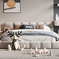 Cozy Double Bed With Gray Bedding Blue Homey Pillow And Stuffed Deer Toy