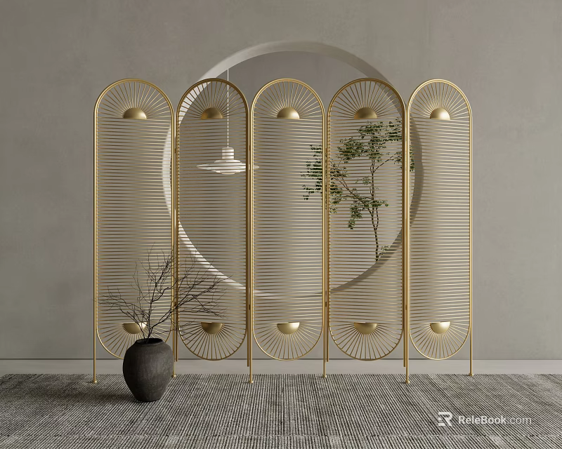 Modern Gold Metal Room Divider With Arched Lattice Design And Potted Plant 3d model 