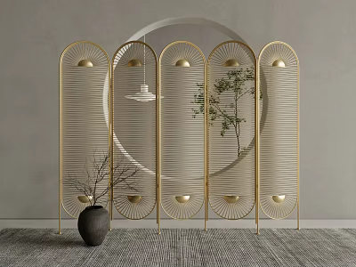Modern Gold Metal Room Divider With Arched Lattice Design And Potted Plant 3d model