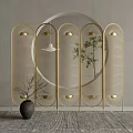Modern Gold Metal Room Divider With Arched Lattice Design And Potted Plant