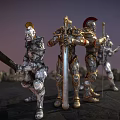 Armored Warriors in Battle Gear Holding Swords and Staffs
