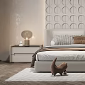 Modern Bedroom Interior With Circular Pattern Accent Wall Bed Nightstands Pendant Light And Rug