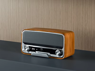 Retro Wooden Speaker With Knobs And Display On Dark Tabletop Wood Background 3d model