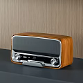 Retro Wooden Speaker With Knobs And Display On Dark Tabletop Wood Background