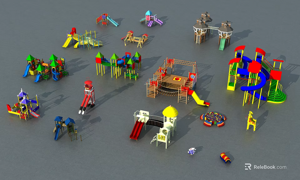 Various Colorful Children's Playground Equipment With Slides Swings And Climbing Structures 3d model 