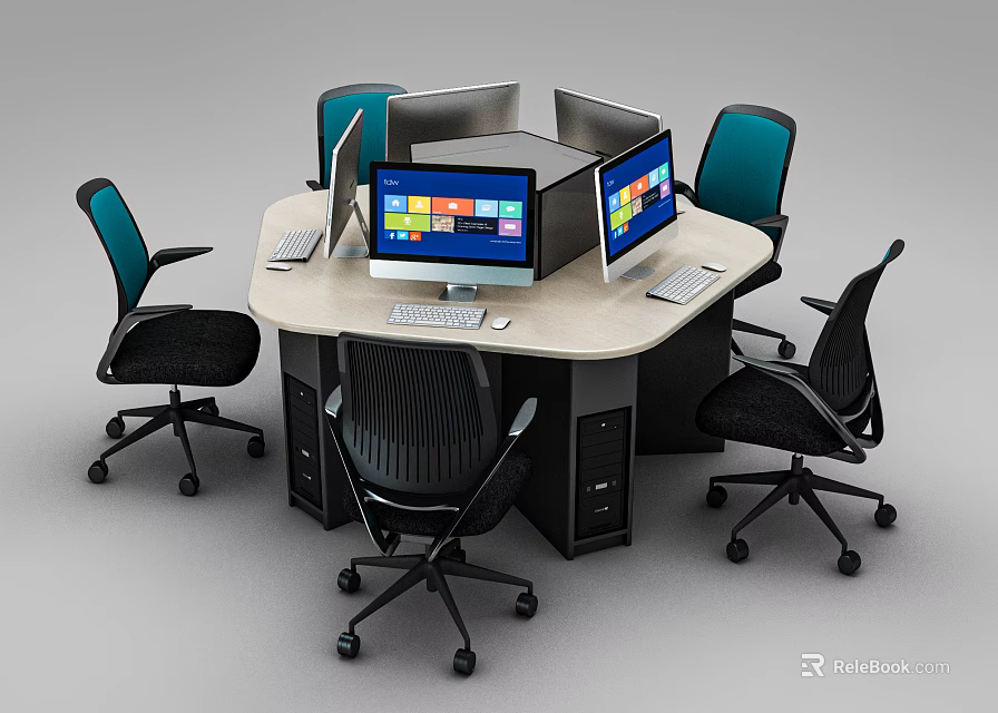 Hexagonal Office Desk Setup With Multiple Computer Monitors And Office Chairs 3d model 