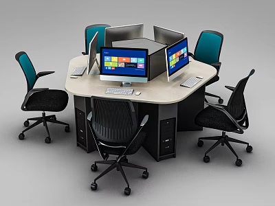 Hexagonal Office Desk Setup With Multiple Computer Monitors And Office Chairs 3d model