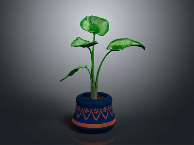 Vibrant Green Leafy Plant in Blue Pot with Orange Decorative Patterns 3d model