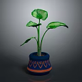 Vibrant Green Leafy Plant in Blue Pot with Orange Decorative Patterns