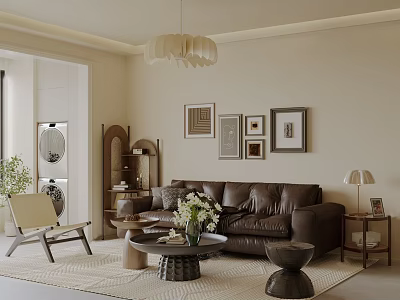 Modern Living Room Interior With Brown Leather Sofa Coffee Table And Framed Paintings On Wall 3d model