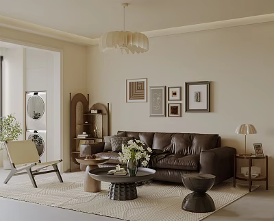 Modern Living Room Interior With Brown Leather Sofa Coffee Table And Framed Paintings On Wall 3d model